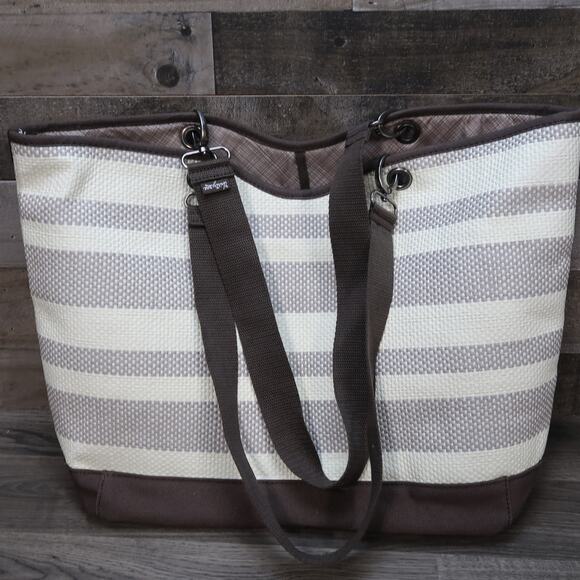 Thirty One Woven Straw Paper Tote Bag Striped - Picture 1 of 7